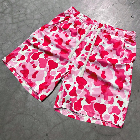 Men's One-Piece Short Pants, Beach Vacation Shorts, Summer Shorts, Lightweight Mesh Fabric, Camo Leopard Print, High Street Style, Casual Commute Wear, Casual Streetwear Shorts, Casual Fashionable Shorts