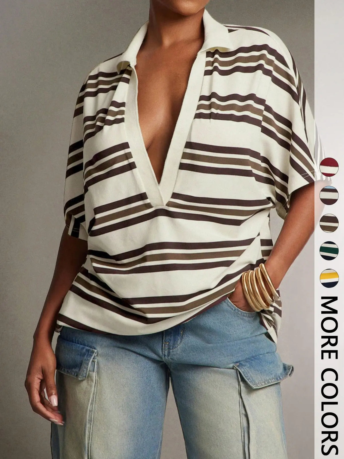 Deep V Collar Striped Polo Shirt, Loose-Fit Short Sleeve Casual Top, European and American Style T-Shirt, Comfortable and Stylish, V Neck Polo
