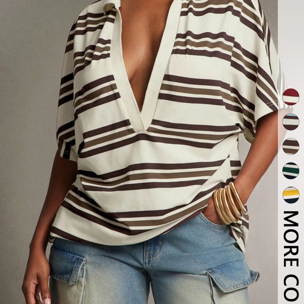Deep V Collar Striped Polo Shirt, Loose-Fit Short Sleeve Casual Top, European and American Style T-Shirt, Comfortable and Stylish, V Neck Polo