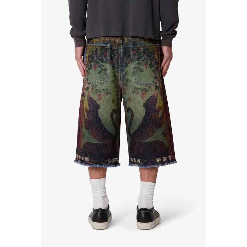 mnml Ultra Baggy Leopard Denim Shorts - Multi Vintage Sublimation