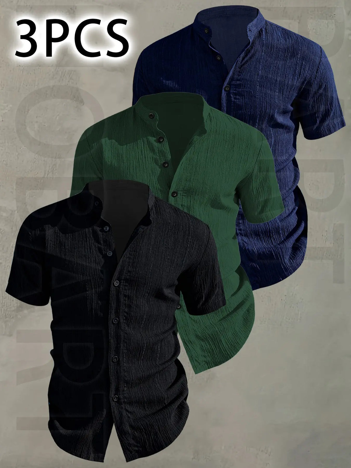 3pcs Set Men's Summer Short Sleeve - Lightweight Breathable Plain Color Button-Up Casual Shirt with Stand Collar, Low-cut collar designr Beach Vacation, Pool Party & Casual Attire, Beach Shirt, Collared Fitted Shirt, gift for husband