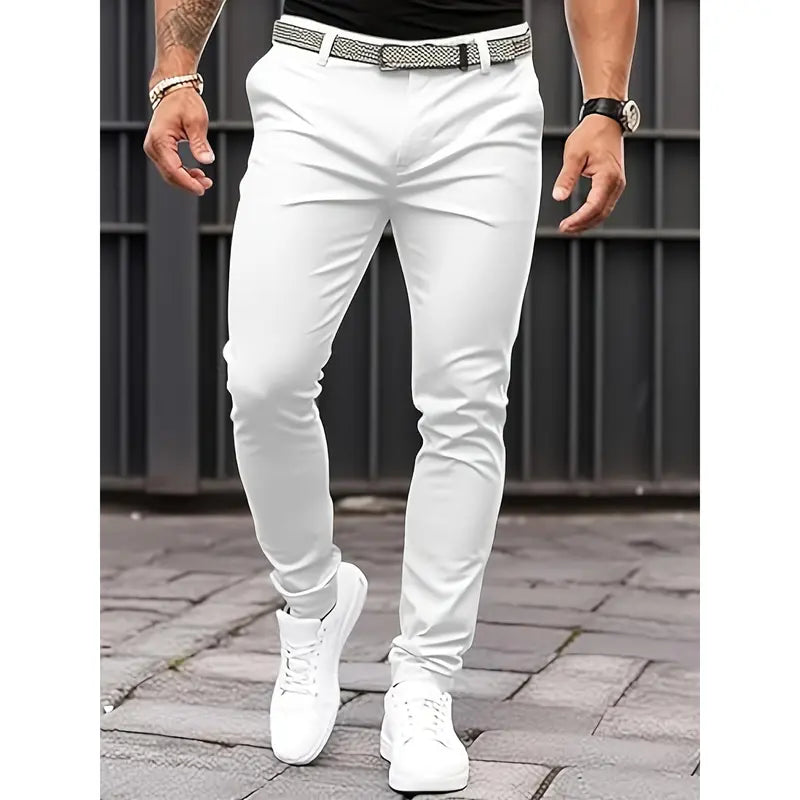 Men's Fitted Plain Cotton Pants - Soft High-Cotton Fabric, Clean White Wash, Tailored Slim-Fit Silhouette, Ideal for Smart Casual Menswear Outfits