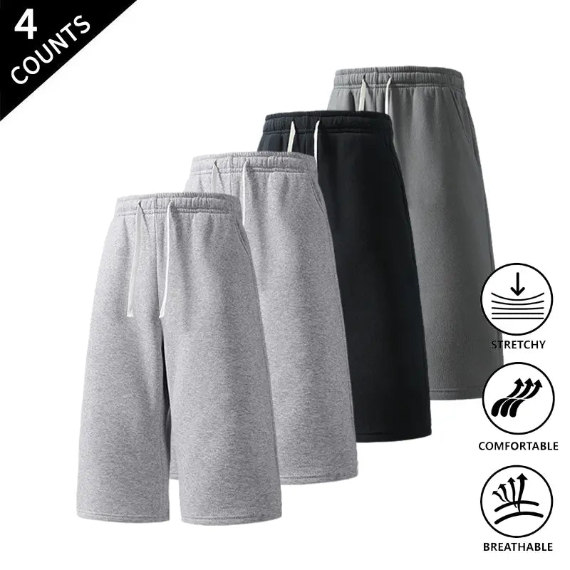 Men's Plain Fabric Casual Lounge Capri Pants (4-Pack) - Elastic Waist, Soft, Expandable, Above the Knee Everyday Cropped Bottoms in Coffee+Black+Light Gray+Rose Red, Light Gray+Black+Rose Red+Dark Gray, Rose Red+Navy Blue+Black+Light Gray