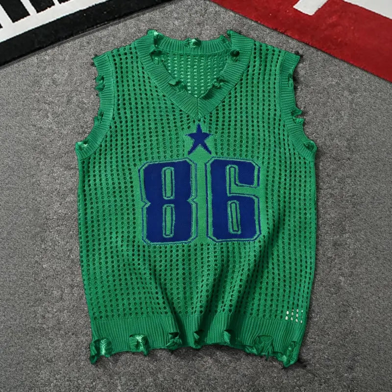 Men's Distressed 86-Hole V-Neck Retro Printed Knitted Mesh Sleeveless Vest - Loose Fitting, Medium Length, Raw Hem Edge, Layer-Ready, Breathable, Hip-Hop Edgy Athletic Casual Streetwear Top for Jeans, Baggy Pants