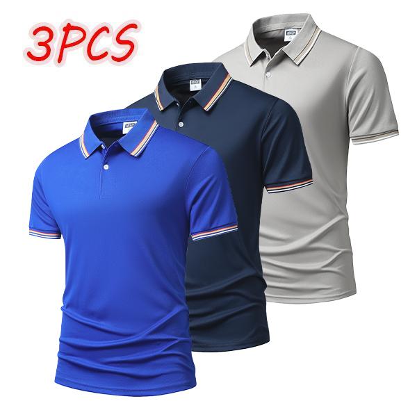3-pack men's polo shirts with striped collar and cuffs, available in multiple color combinations, perfect for business and casual wear