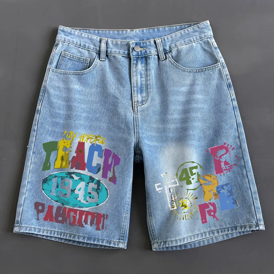Men's Colorblock Letter Print Denim Clothing Mid Waist Shorts, Light Wash, Denim Streetwear, Casual Fashion Paint Splatter Shorts for Summer, Men's Bottoms for Daily Wear, Menswear