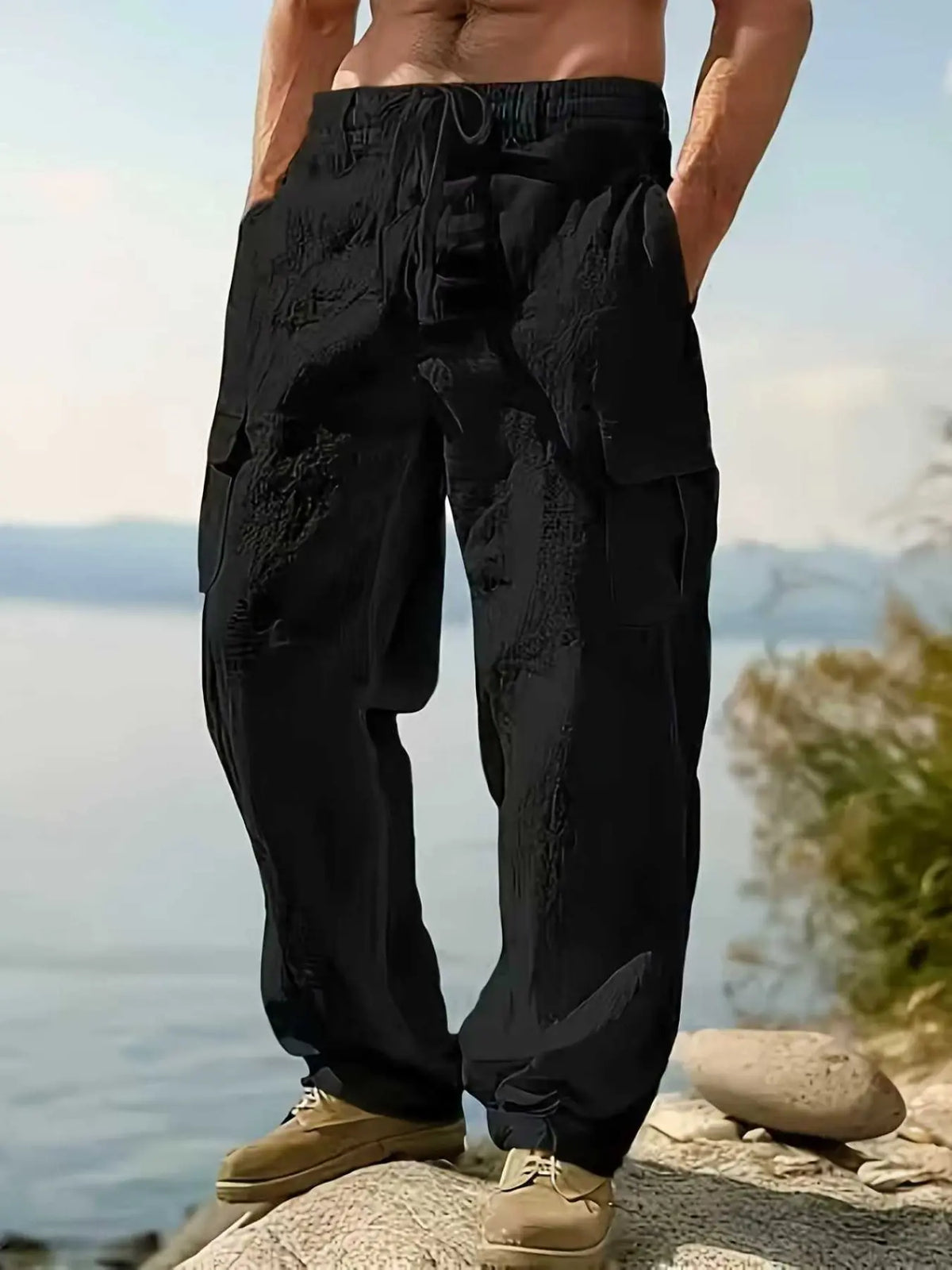 2026 Fashion Comfy Men's Linen Cargo Trouser Pants for Outdoor Beach, Drawstring Multi-Pocket Straight Leg Breathable Classic Casual Long Pants