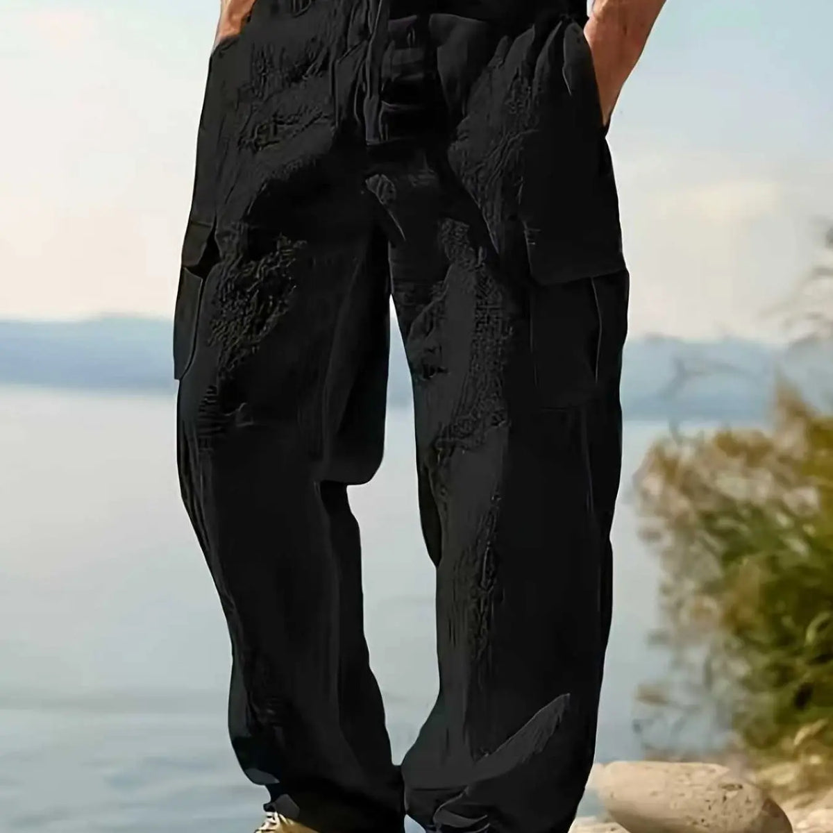2026 Fashion Comfy Men's Linen Cargo Trouser Pants for Outdoor Beach, Drawstring Multi-Pocket Straight Leg Breathable Classic Casual Long Pants