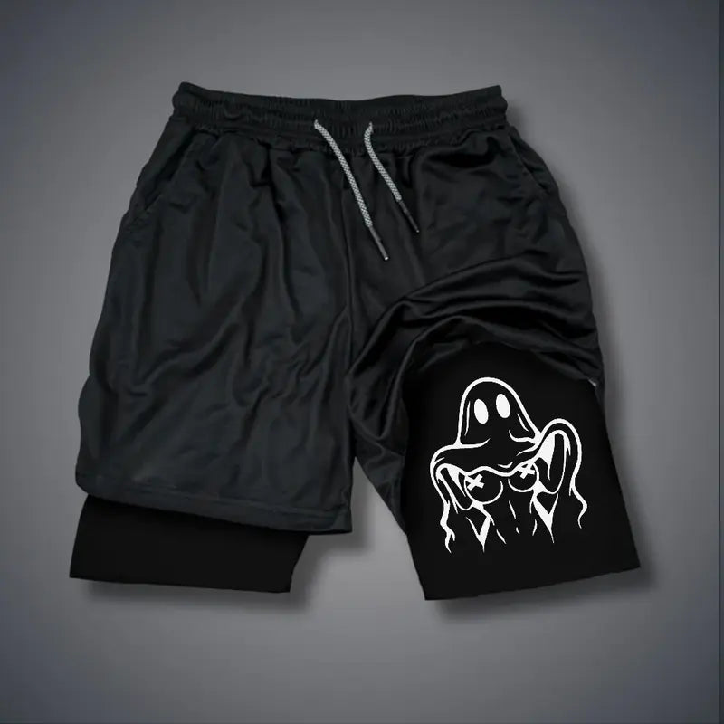 Men's Double-Layer Graphic Shorts - Black, Camo - Streetwear, Vacation Outfits - Bottoms for Menswear Ensembles
