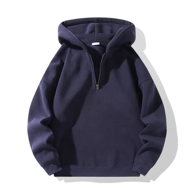 Men’s essential half-zip long-sleeve hoodie — solid color, comfortable, relaxed drop-shoulder fit, loose silhouette, casual street style, 100% polyester fiber, suitable for autumn, modern fashionable men’s top, solid-color men’s sweatshirt