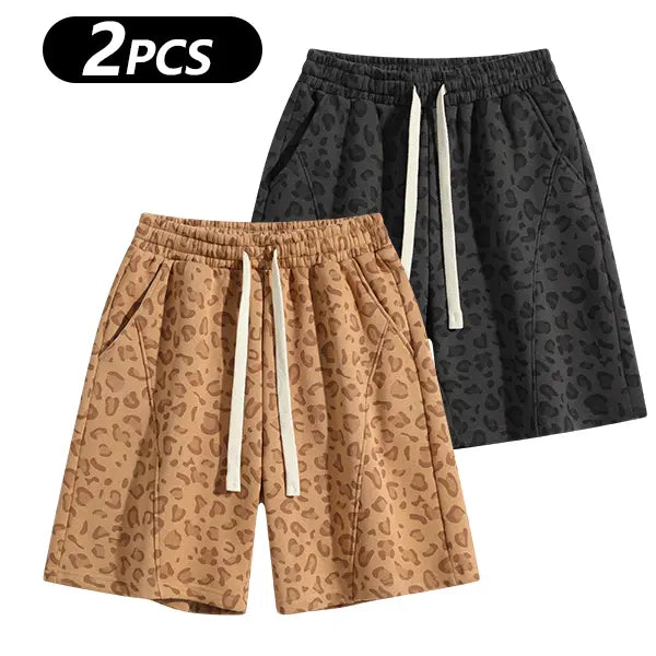 Men's Cotton Blend Sweat Shorts Casual Athletic Lounge, Loose Fit Drawstring with Pockets, Leopard Print Acid Wash, for Summer Workouts, Streetwear & Gym-to-Lounge