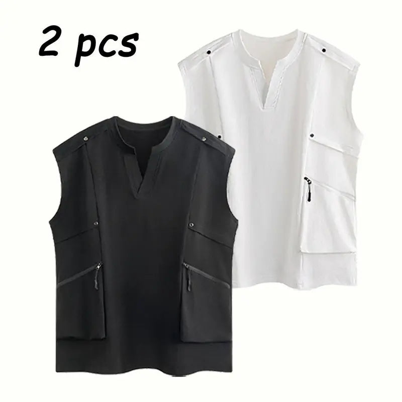 2-Pack Men’s Minimalist Cargo Vest – Loose Fit Breathable Sleeveless Shirt for Everyday Casual Wear