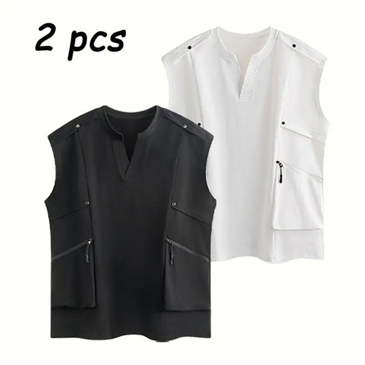 2-Pack Men’s Minimalist Cargo Vest – Loose Fit Breathable Sleeveless Shirt for Everyday Casual Wear