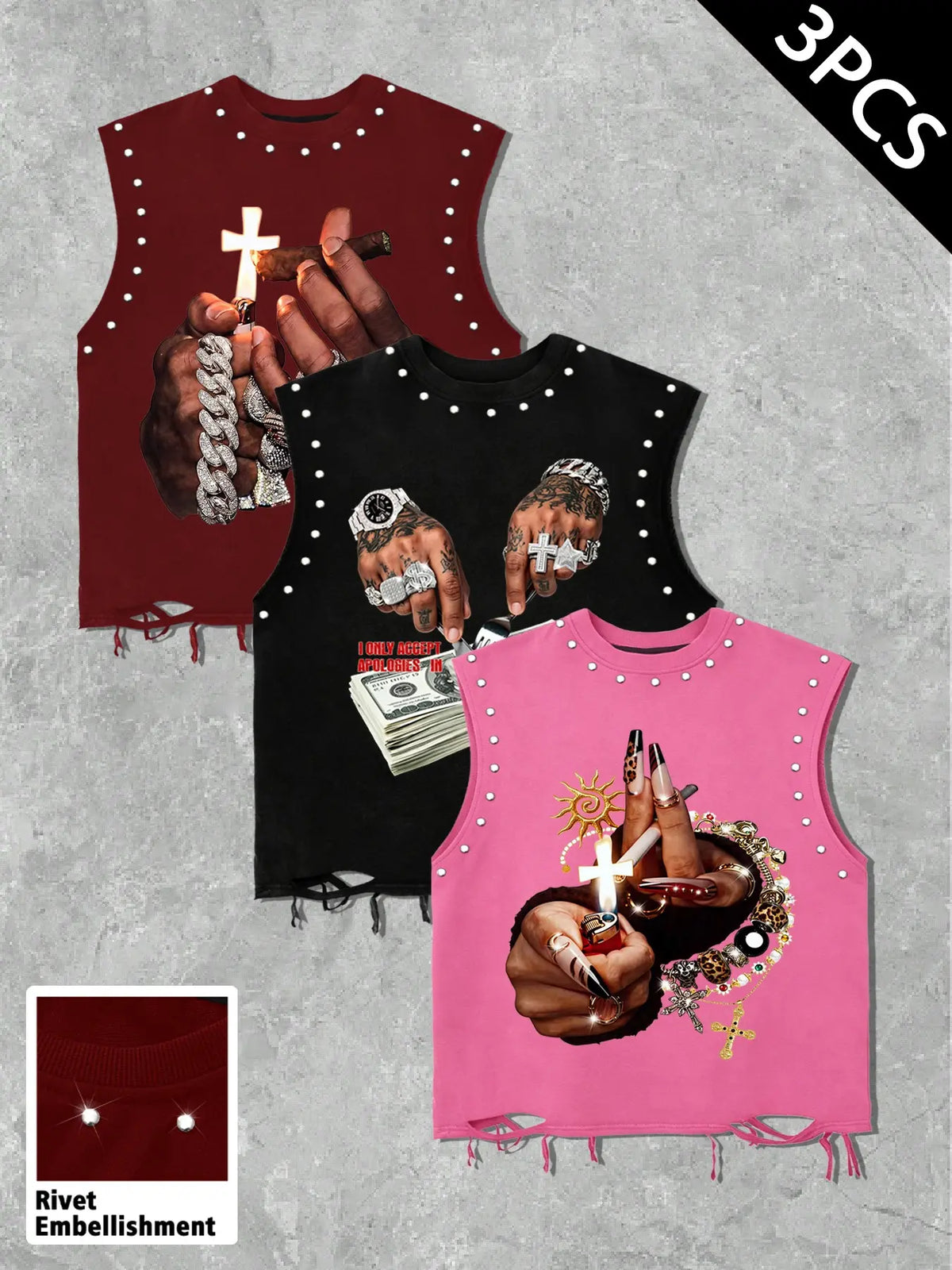 Summer Unisex Graphic Vest Set, Loose-Fit Sleeveless Top, Rivet Design & Ripped Hem, Casual Streetwear, 3-Piece, Graphic Print Vest