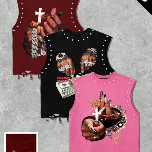 Summer Unisex Graphic Vest Set, Loose-Fit Sleeveless Top, Rivet Design & Ripped Hem, Casual Streetwear, 3-Piece, Graphic Print Vest