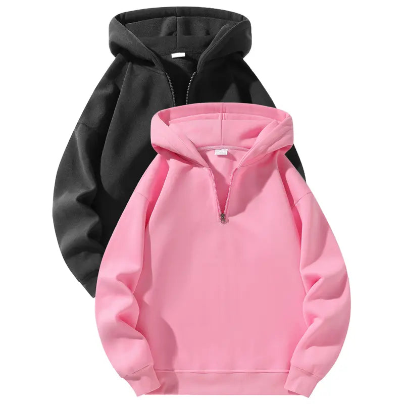 Men’s essential half-zip long-sleeve hoodie — solid color, comfortable, relaxed drop-shoulder fit, loose silhouette, casual street style, 100% polyester fiber, suitable for autumn, modern fashionable men’s top, solid-color men’s sweatshirt
