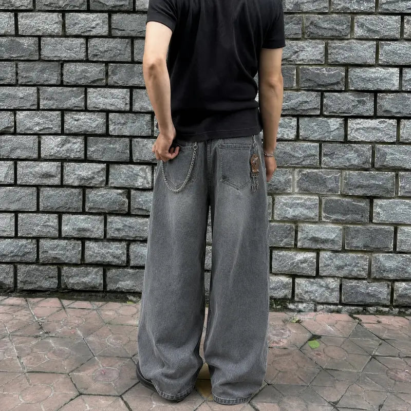 Men's Plain Baggy Denim Jeans - 90s-2000s Retro Vintage Clothing, Washed Charcoal Black Rigid Cotton, Oversized Loose-Fit Streetwear, Male All-Season Breathable, Raw Wash Vertical Paneled Seams, Sandblasted Whisker Fade