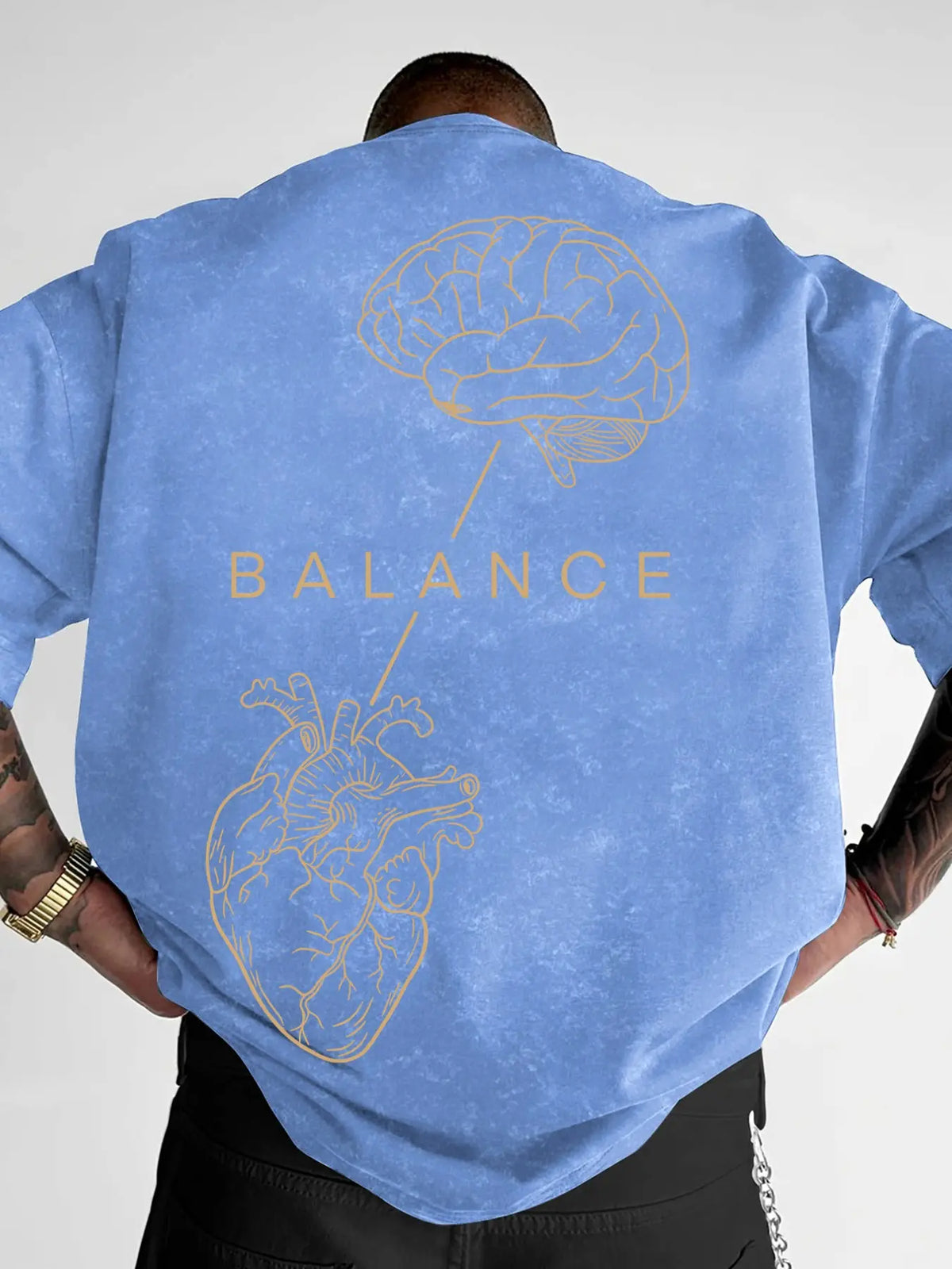 Men's "BALANCE" Brain & Heart Print Washed T-Shirt, Casual Streetwear Short Sleeve Tee, Minimalist Graphic Top, Menswear Graphic T Shirts #BalanceTee #BrainHeartPrint #WashedStreetwear #MinimalistTShirt #TikTokMadeMeBuyIt
