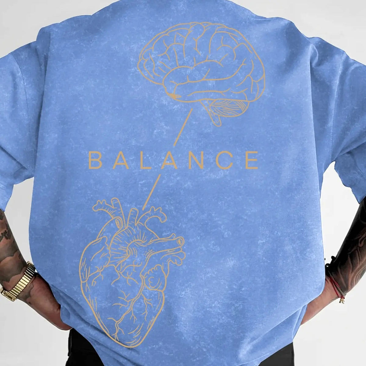 Men's "BALANCE" Brain & Heart Print Washed T-Shirt, Casual Streetwear Short Sleeve Tee, Minimalist Graphic Top, Menswear Graphic T Shirts #BalanceTee #BrainHeartPrint #WashedStreetwear #MinimalistTShirt #TikTokMadeMeBuyIt