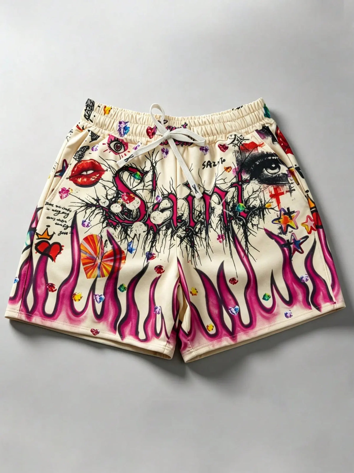 Unisex Y2K Eye & Flame Print, Summer Beach Shorts, European and American Fashion Trendy Outdoor Shorts, Casual Shorts, Shorts For Summer, Street Style 2026 Bottoms