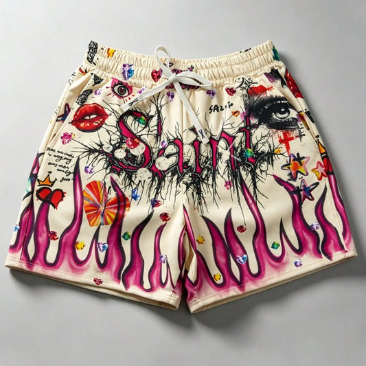 Unisex Y2K Eye & Flame Print, Summer Beach Shorts, European and American Fashion Trendy Outdoor Shorts, Casual Shorts, Shorts For Summer, Street Style 2026 Bottoms
