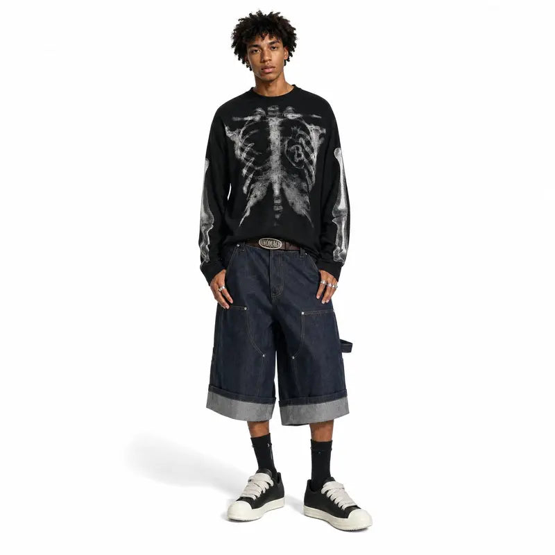 inflation Men's Oversized Alt Knitwear Thermal Long Sleeve Shirt - 65% Cotton 35% Polyester Clothing, Skeleton Ribcage X-Ray Graphic Shirt, Fashion Streetwear Top, Round Neck, XL (Pairs with Jeans)