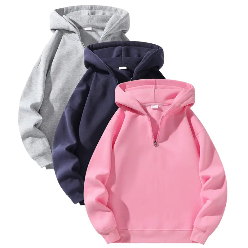 Men’s essential half-zip long-sleeve hoodie — solid color, comfortable, relaxed drop-shoulder fit, loose silhouette, casual street style, 100% polyester fiber, suitable for autumn, modern fashionable men’s top, solid-color men’s sweatshirt