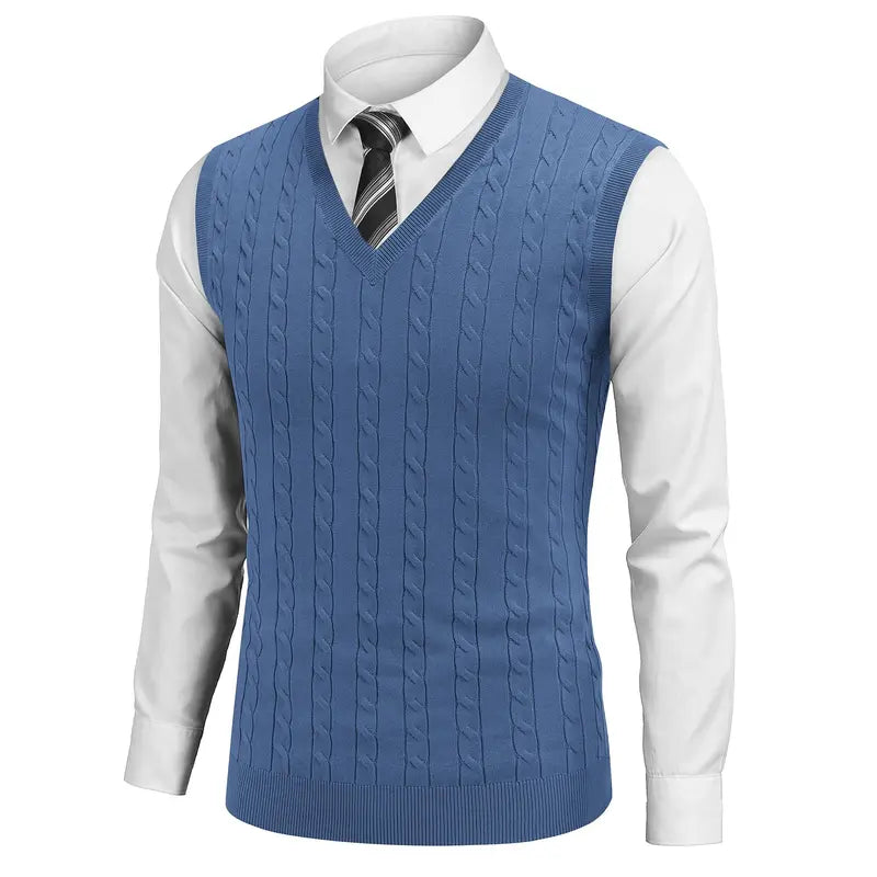 COOFANDY Menswear Men's V-Neck Slim-Fit Ribbed Cable-Knitted Sleeveless Pullover Sweater Vest, Stretchable Soft Lightweight Polyester Fabric, Machine Washable US Sizes, Formal-Casual Thermal Tops for Business Office