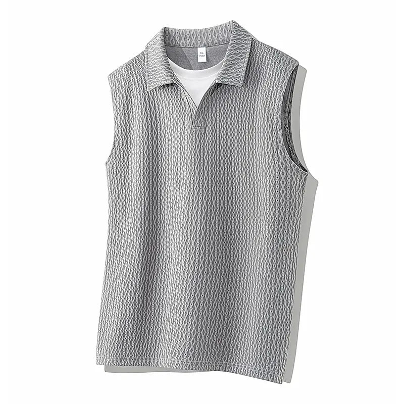 Summer solid-color sleeveless polo shirt for men, simple turn-down collar design, casual style, plus size, everyday top