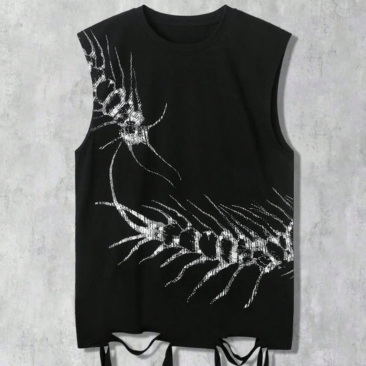 Ripped Vest with Centipede Design, Street Style, Outdoor, Vacation, Picnic, Party, Fashion, Comfortable, All Seasons, Streetwear, Distressed