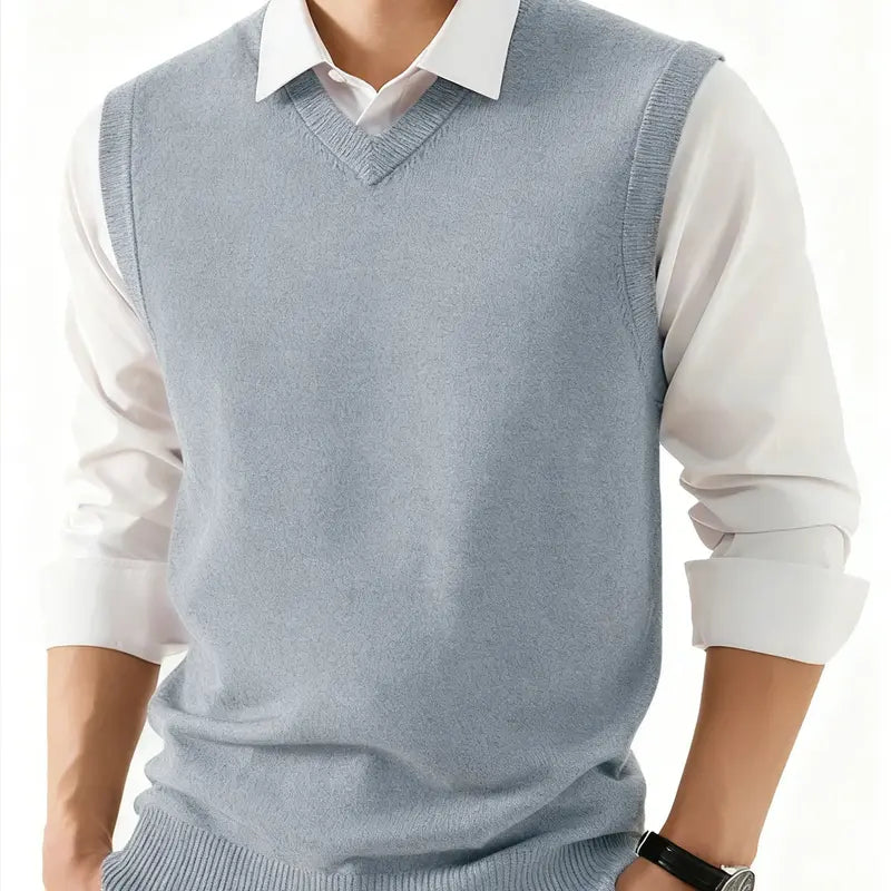 Men's Preppy V-Neck Soft Knit Vest - Layerable Sweater Vest, Polyester, Spring/Autumn Business Casual Sleeveless Menswear Basic Top