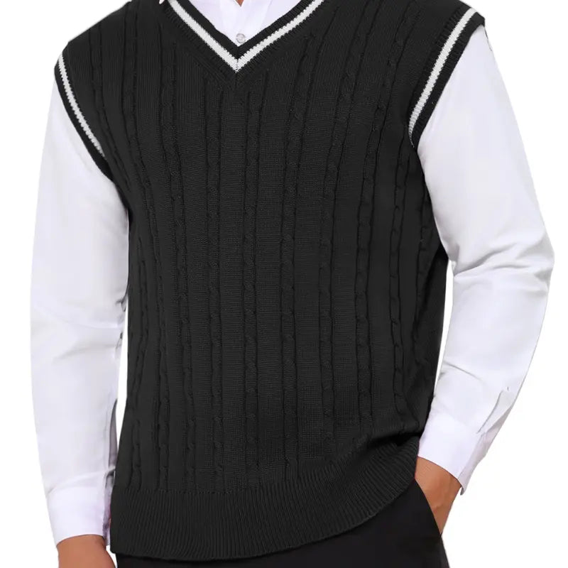 INSPIRE CHIC Men's Solid Color V-Neck Sleeveless Cable Knitted Sweater Vest