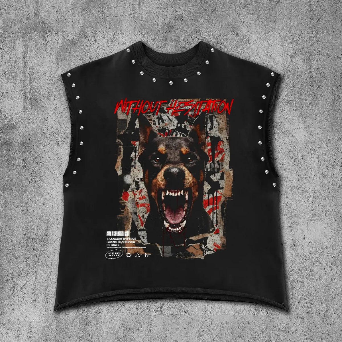 Men's Casual Rivet Sleeveless Vest, Rottweiler Print, Silver Color Studs, Durable Thick Fabric, Punk Street Style, All Seasons Wear