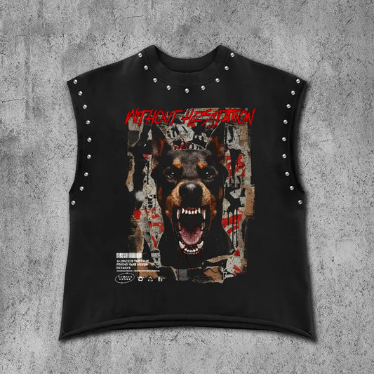 Men's Casual Rivet Sleeveless Vest, Rottweiler Print, Silver Color Studs, Durable Thick Fabric, Punk Street Style, All Seasons Wear