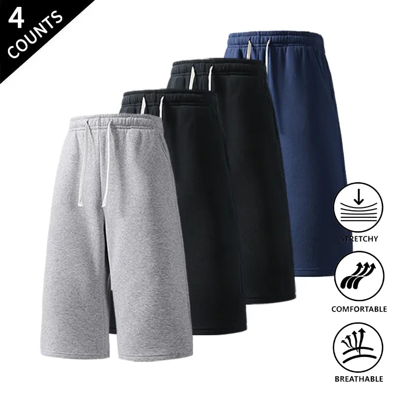 Men's Plain Fabric Casual Lounge Capri Pants (4-Pack) - Elastic Waist, Soft, Expandable, Above the Knee Everyday Cropped Bottoms in Coffee+Black+Light Gray+Rose Red, Light Gray+Black+Rose Red+Dark Gray, Rose Red+Navy Blue+Black+Light Gray