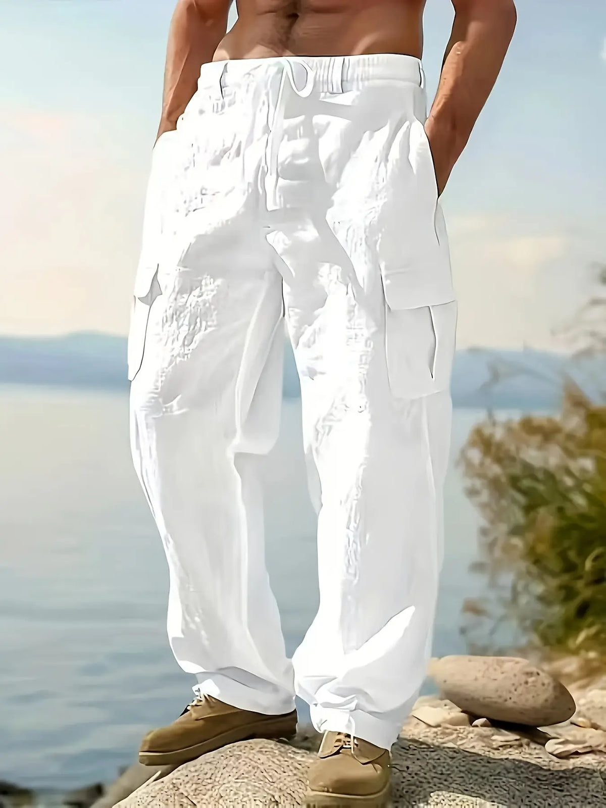 2026 Fashion Comfy Men's Linen Cargo Trouser Pants for Outdoor Beach, Drawstring Multi-Pocket Straight Leg Breathable Classic Casual Long Pants