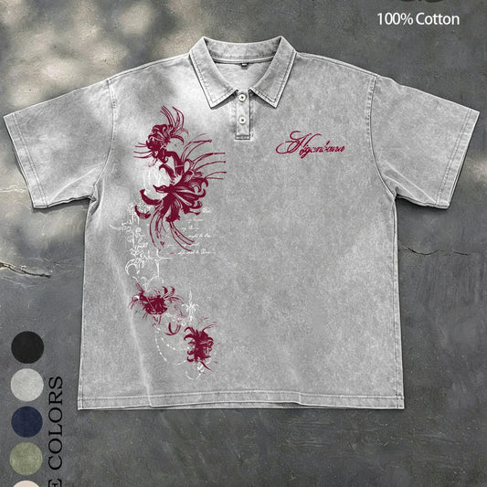 Unisex 100% Cotton Washed Vintage Spider Lily Print Oversized T-Shirt | Y2K Dark Gothic High Street American Retro Streetwear Top