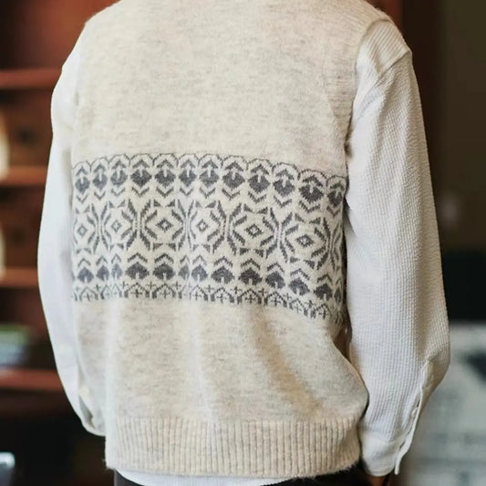 Men's Embroidered V-Neck Knit Vest, Loose College Style Sleeveless Sweater Vest, Vintage Geometric Pattern Fall Layering Cardigan