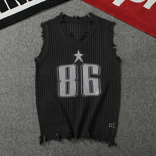 Men's Distressed 86-Hole V-Neck Retro Printed Knitted Mesh Sleeveless Vest - Loose Fitting, Medium Length, Raw Hem Edge, Layer-Ready, Breathable, Hip-Hop Edgy Athletic Casual Streetwear Top for Jeans, Baggy Pants