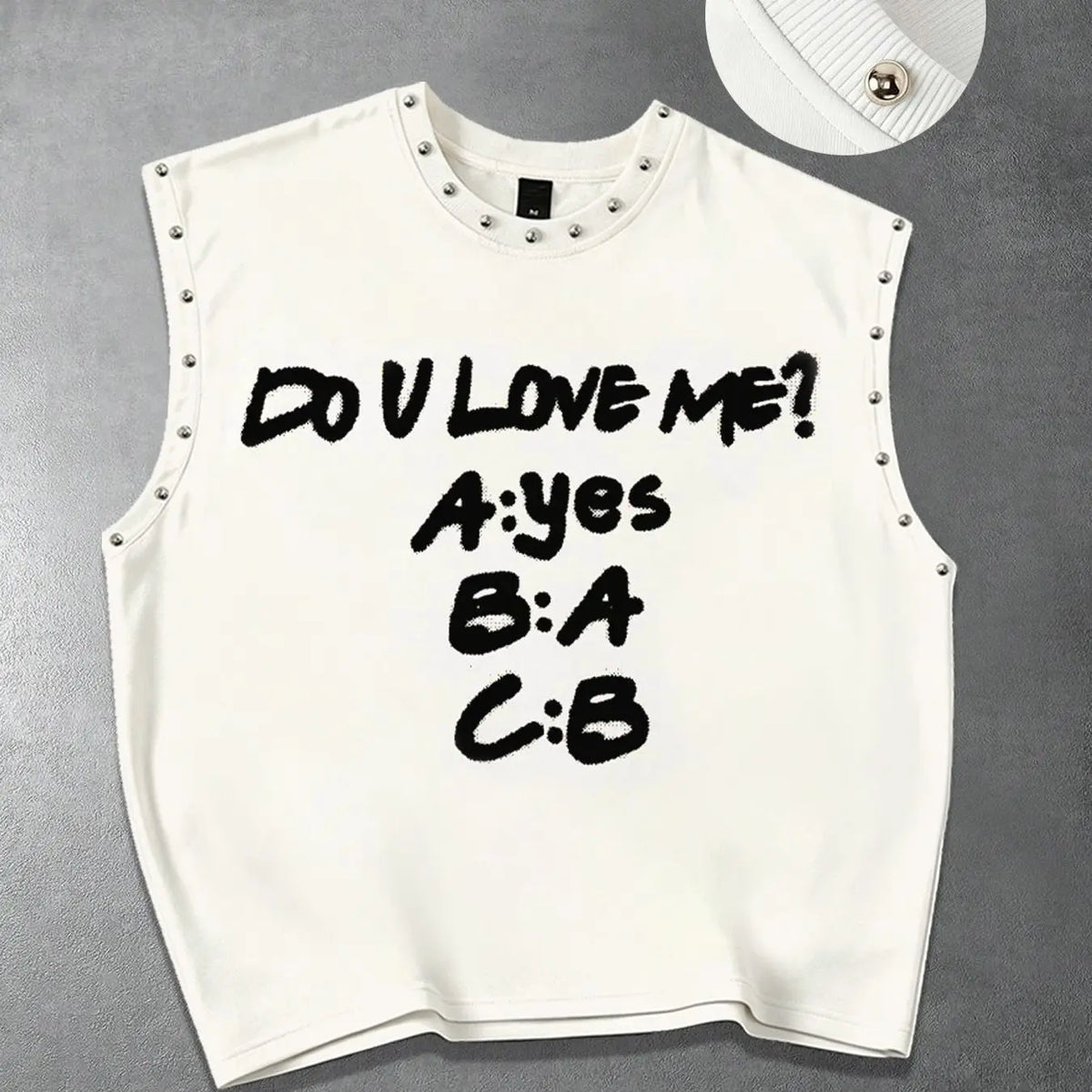 Three-piece men's vests with personalized English slogans printed, fun love graffiti, metal beads decoration, fashion; heavy fabric Loose sleeveless T-shirts, couple vests LOVE, Heart for male and female friends