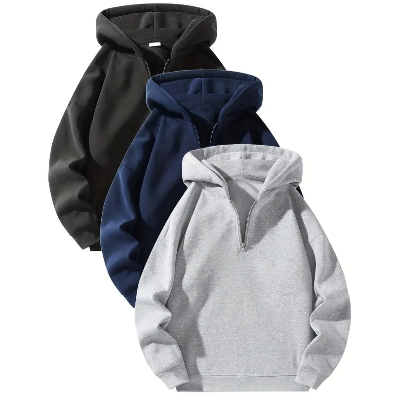 Men’s essential half-zip long-sleeve hoodie — solid color, comfortable, relaxed drop-shoulder fit, loose silhouette, casual street style, 100% polyester fiber, suitable for autumn, modern fashionable men’s top, solid-color men’s sweatshirt