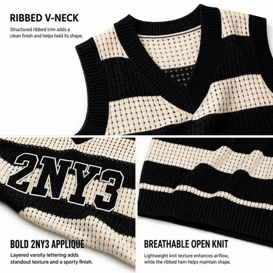 HYPESTFIT Men’s Striped Patchwork Knit V-Neck Sleeveless Open-Weave Lightweight Sweater Vest - Summer Casual Streetwear Top