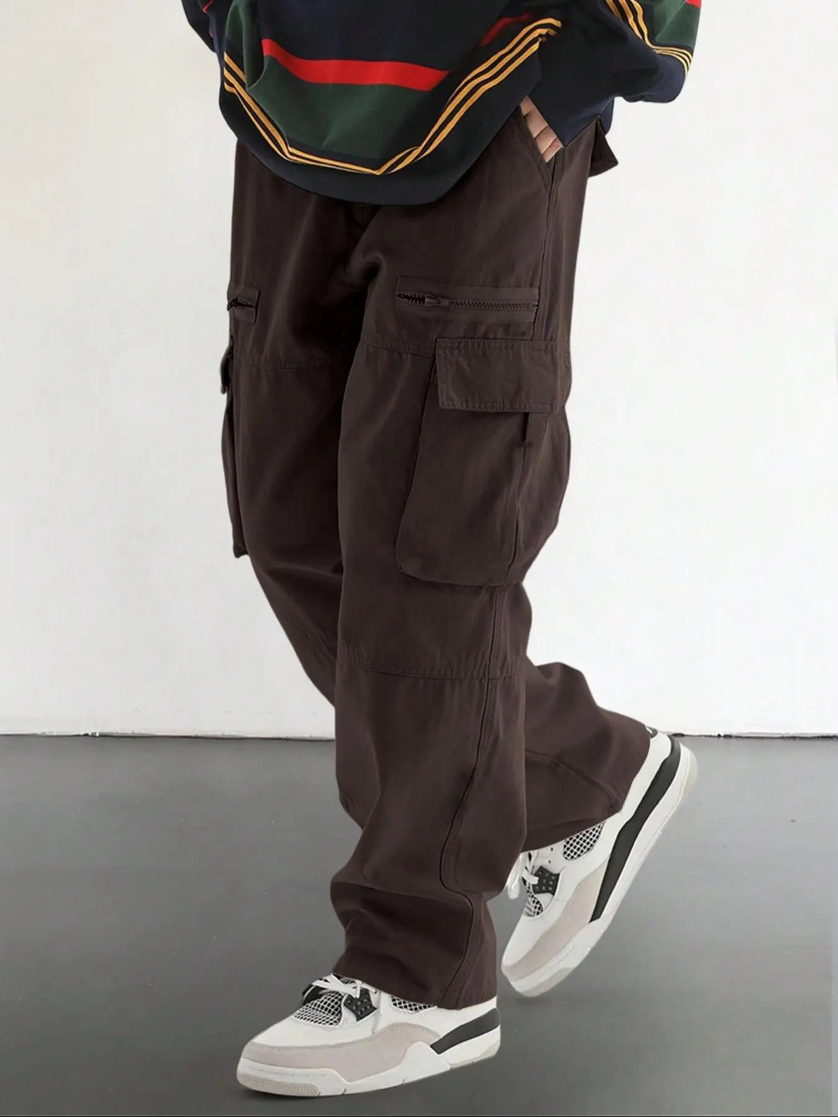 Men's Plain Loose Fitting Drawstring Waist Casual Cargo Pants, Loose Street Fashion Zipper Casual Slant Pocket Trousers, Pants for Men, Summer Work Outfits, Men's Bottoms, Casual Streetwear Trousers, Adjustable Waist Pants