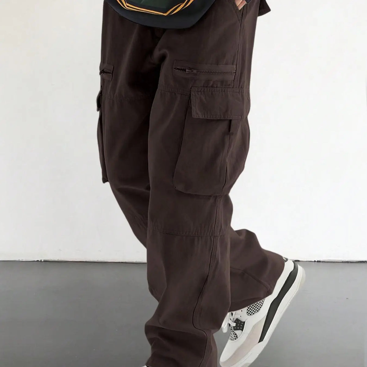 Men's Plain Loose Fitting Drawstring Waist Casual Cargo Pants, Loose Street Fashion Zipper Casual Slant Pocket Trousers, Pants for Men, Summer Work Outfits, Men's Bottoms, Casual Streetwear Trousers, Adjustable Waist Pants