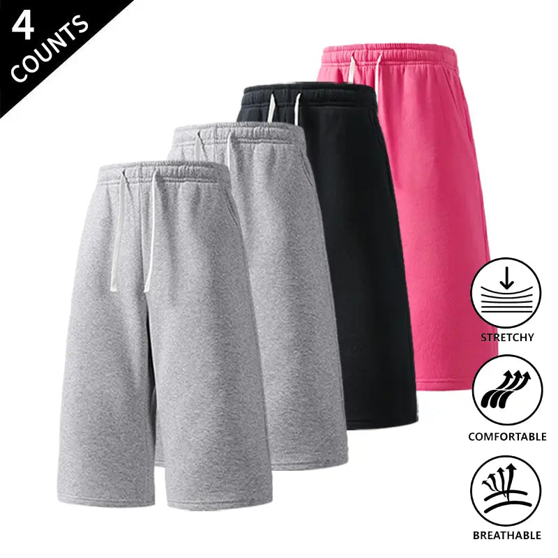 Men's Plain Fabric Casual Lounge Capri Pants (4-Pack) - Elastic Waist, Soft, Expandable, Above the Knee Everyday Cropped Bottoms in Coffee+Black+Light Gray+Rose Red, Light Gray+Black+Rose Red+Dark Gray, Rose Red+Navy Blue+Black+Light Gray