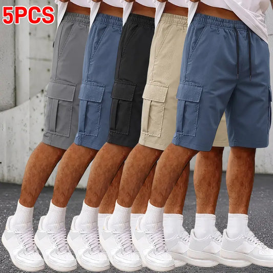 Men's Chic Loose-Fitting Cargo Shorts - Solid-Color Polyester Textured Woven Fabric, Multi-Pocket, Adjustable Waistband, Cold Water Wash/Dry Clean Compatible, Ideal for Summer Hiking, Light Outdoor Activities, Loose-Fitting Men's Shorts