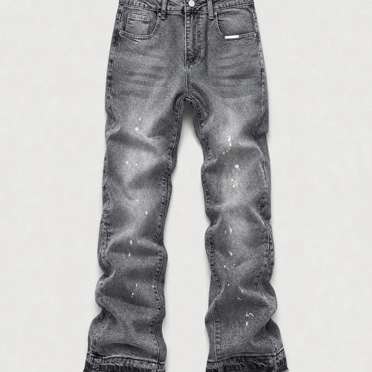 Men's Micro Flare Jeans, Loose-Fitting Button Fly Denim Pocket, Solid Color Y2K Streetwear Style, All-Season Wear, Washed Fabric, Patchwork Design, Hip Hop Jeans
