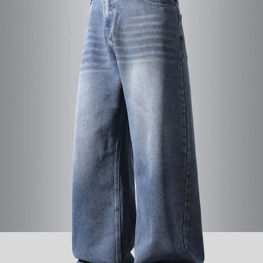 Men's vintage washed medium wash oversized loose straight-leg jeans, Casual Streetwear Jeans, casual four-season street style, zipper fly, plain pattern, Pocket, daily wear leisure denim trousers. If you prefer a looser fit, order one size larger.