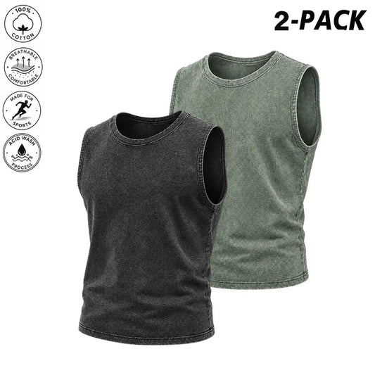 2-pack acid-wash tank tops — unisex sleeveless cotton muscle T-shirts and loose retro street-style cropped tops, suitable for summer layering and casual wear