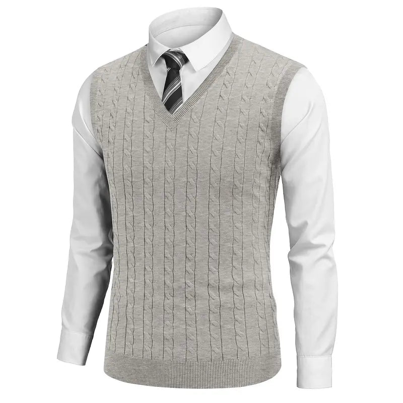 COOFANDY Menswear Men's V-Neck Slim-Fit Ribbed Cable-Knitted Sleeveless Pullover Sweater Vest, Stretchable Soft Lightweight Polyester Fabric, Machine Washable US Sizes, Formal-Casual Thermal Tops for Business Office